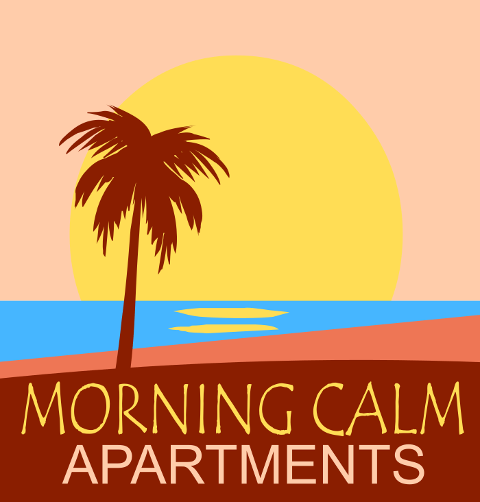 A poster advertising "Morning Calm Apartments" with a palm tree and sunrise in the background.